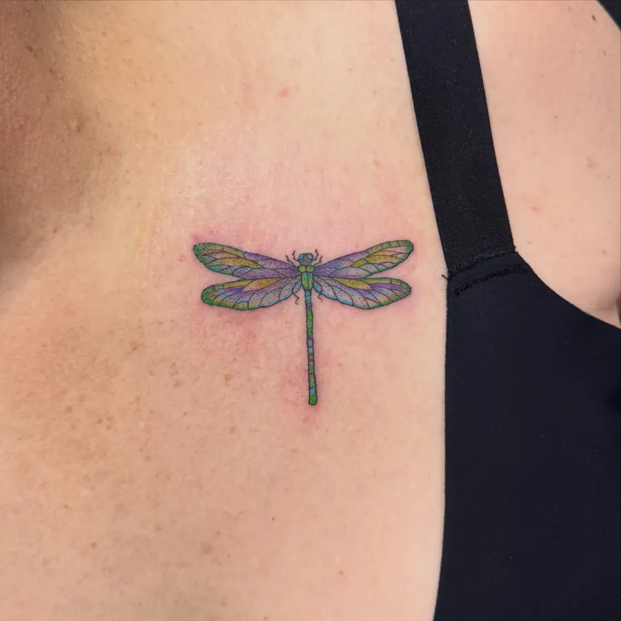 Small colour dragonfly tattoo with iridescent wings