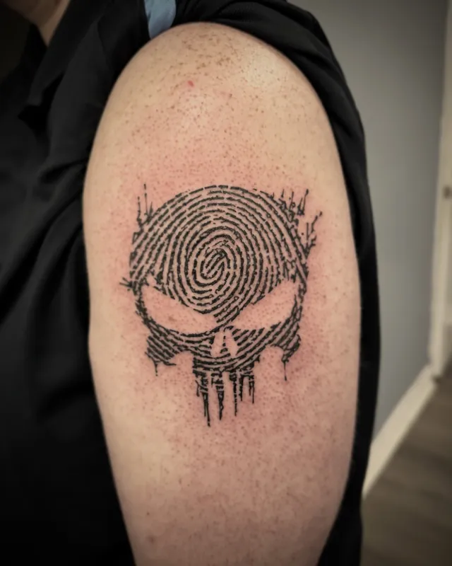 Punisher skull tattoo made of fingerprint lines on an upper arm