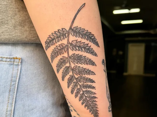 Black and grey fern tattoo along a forearm